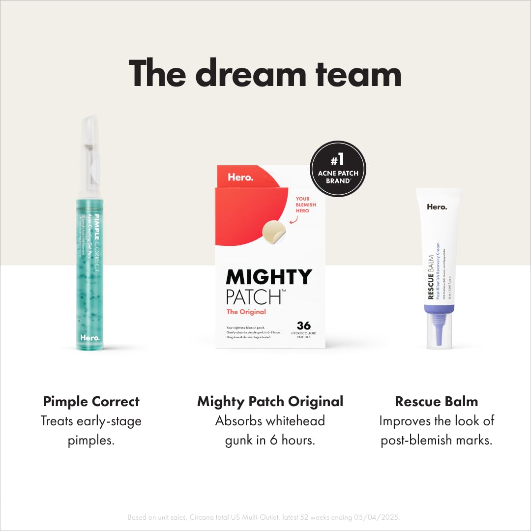 Mighty Patch Original Patch from Hero Cosmetics - #1 Hydrocolloid Acne Pimple Patches for Face, Shrinking Zits & Whiteheads in 1 Use, Nighttime Spot Pimple Stickers for Face, 36 Count